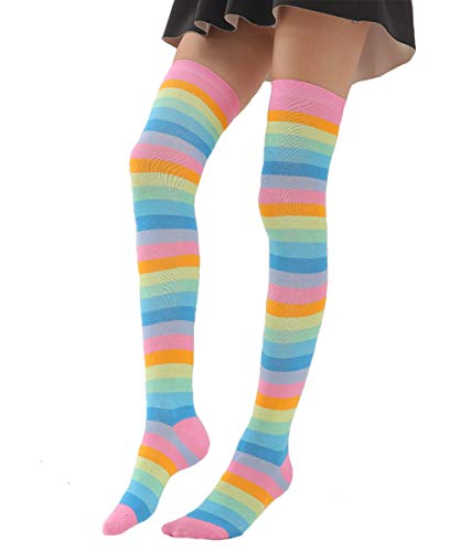 Lange gestreifte Overknee-Strümpfe, bunte Regenbogenfarben, lustig, niedlich, Kostüm, Cosplay, Strümpfe, Beinwärmer - - Einheitsgröße von Benefeet Sox