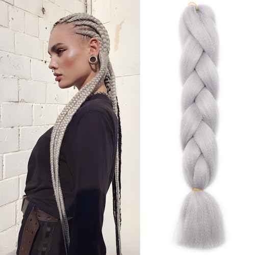Benehair Braids Extensions Jumbo Kunsthaar zum Einflechten Box Braids Haarverlängerung Zopf Haare zum Einflechten Hellgrau Haar Braids Extension für Damen Mädchen Hellgrau 60cm von Benehair