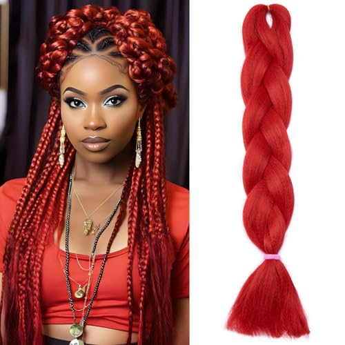 Benehair Braids Extensions Jumbo Kunsthaar zum Einflechten Box Braids Haarverlängerung Zopf Haare zum Einflechten Rot Haar Braids Extension für Damen Mädchen Rot 60cm von Benehair