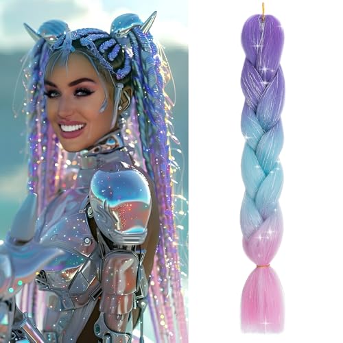 Benehair Braids Extensions Jumbo Kunsthaar zum Einflechten Box Braids Haarverlängerung Zopf mit Tinsel Mashup Haare zum Einflechten Haar Braids Extension für Damen Mädchen Lila-Himmelblau-Rosa 60cm von Benehair