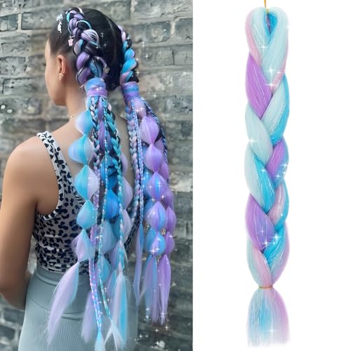 Benehair Box Braids Haarverlängerung Zopf mit Tinsel Mashup Haare zum Einflechten Haar Braids Extension für Damen Mädchen Lila Mix Himmelblau 60 cm von Benehair