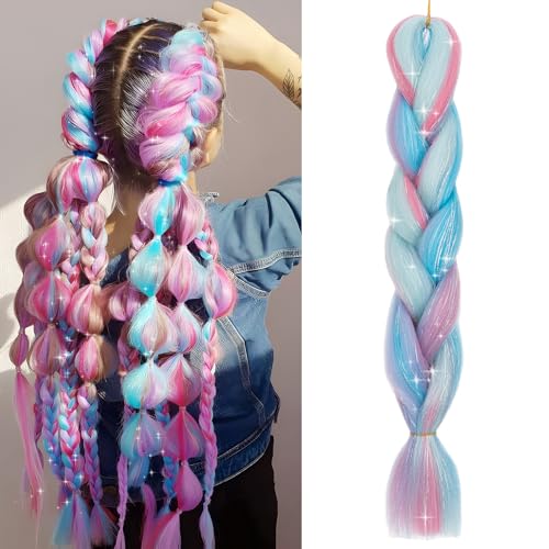 Benehair Braids Extensions Jumbo Kunsthaar zum Einflechten Box Braids Haarverlängerung Zopf mit Tinsel Mashup Haare zum Einflechten Haar Braids Extension für Damen Mädchen Rosa Mix Himmelblau 60cm von Benehair