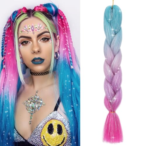 Benehair Braids Extensions Jumbo Kunsthaar zum Einflechten Box Braids Haarverlängerung Zopf mit Tinsel Mashup Haare zum Einflechten Haar Braids Extension für Damen Mädchen See Blau-Lila 60cm von Benehair