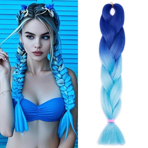 Benehair Braids Extensions Ombre Jumbo Kunsthaar zum Einflechten Box Braids Haarverlängerung Zopf Haare zum Einflechten für Damen Mädchen Dunkelblau/Himmelblau 60cm von Benehair