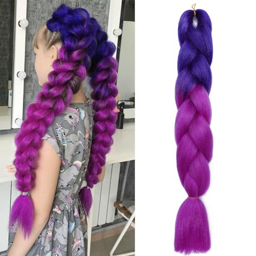 Benehair Braids Extensions Ombre Jumbo Kunsthaar zum Einflechten Box Braids Haarverlängerung Zopf Haare zum Einflechten für Damen Mädchen Dunkelblaulila/Lila 60cm von Benehair