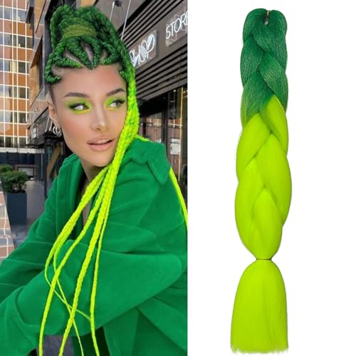 Benehair Braids Extensions Ombre Jumbo Kunsthaar zum Einflechten Box Braids Haarverlängerung Zopf Haare zum Einflechten für Damen Mädchen Dunkelgrün/Gelbgrün 60cm von Benehair