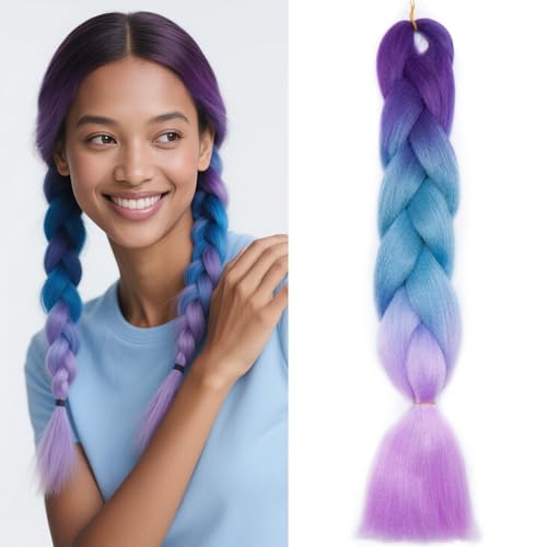 Benehair Braids Extensions Ombre Jumbo Kunsthaar zum Einflechten Box Braids Haarverlängerung Zopf Haare zum Einflechten für Damen Mädchen Dunkellila/Blau/Helllila 60cm von Benehair
