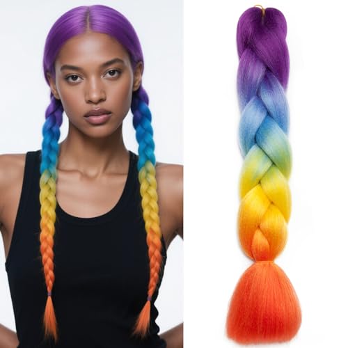 Benehair Braids Extensions Ombre Jumbo Kunsthaar zum Einflechten Box Braids Haarverlängerung Zopf Haare zum Einflechten für Damen Mädchen Lila/Blau/Gelb/Orange 60cm von Benehair