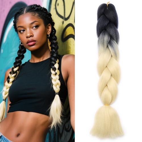 Benehair Braids Extensions Ombre Jumbo Kunsthaar zum Einflechten Box Braids Haarverlängerung Zopf Haare zum Einflechten für Damen Mädchen Natürlich Schwarz/Hellblond 60cm von Benehair