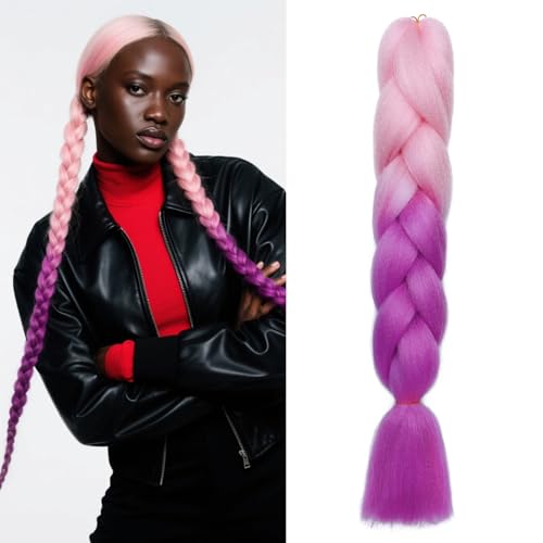 Benehair Braids Extensions Ombre Jumbo Kunsthaar zum Einflechten Box Braids Haarverlängerung Zopf Haare zum Einflechten für Damen Mädchen Rosa/Lila 60cm von Benehair