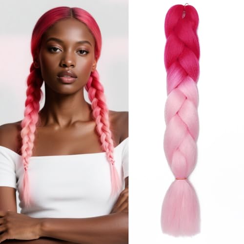 Benehair Braids Extensions Ombre Jumbo Kunsthaar zum Einflechten Box Braids Haarverlängerung Zopf Haare zum Einflechten für Damen Mädchen Rosarot/Rosa 60cm von Benehair