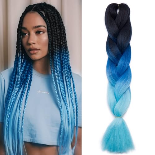 Benehair Braids Extensions Ombre Jumbo Kunsthaar zum Einflechten Box Braids Haarverlängerung Zopf Haare zum Einflechten für Damen Mädchen Schwarz/Blau/Himmelblau 60cm von Benehair