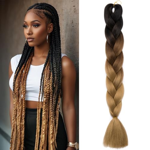 Benehair Braids Extensions Ombre Jumbo Kunsthaar zum Einflechten Box Braids Haarverlängerung Zopf Haare zum Einflechten für Damen Mädchen Schwarz/Braun/Hellblond 60cm von Benehair