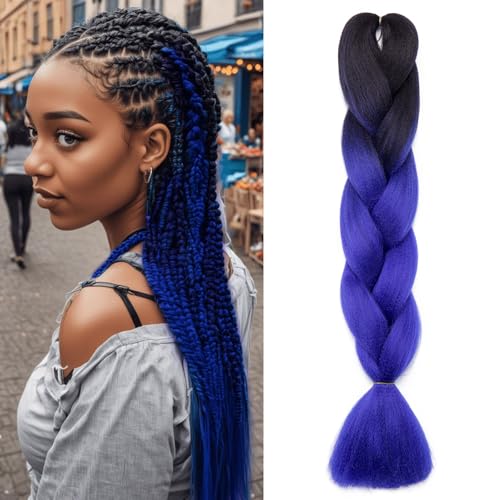 Benehair Braids Extensions Ombre Jumbo Kunsthaar zum Einflechten Box Braids Haarverlängerung Zopf Haare zum Einflechten für Damen Mädchen Schwarz/Dunkelblau 60cm von Benehair