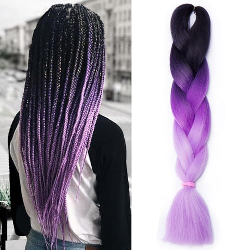 Benehair Braids Extensions Ombre Jumbo Kunsthaar zum Einflechten Box Braids Haarverlängerung Zopf Haare zum Einflechten für Damen Mädchen Schwarz/Lila/Helllila 60cm von Benehair