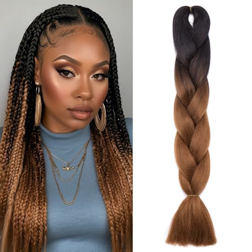 Benehair Braids Extensions Ombre Jumbo Kunsthaar zum Einflechten Box Braids Haarverlängerung Zopf Haare zum Einflechten für Damen Mädchen Schwarz/Mittelbraun 60cm von Benehair
