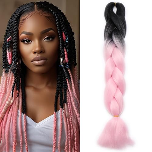 Benehair Braids Extensions Ombre Jumbo Kunsthaar zum Einflechten Box Braids Haarverlängerung Zopf Haare zum Einflechten für Damen Mädchen Schwarz/Rosa 60cm von Benehair