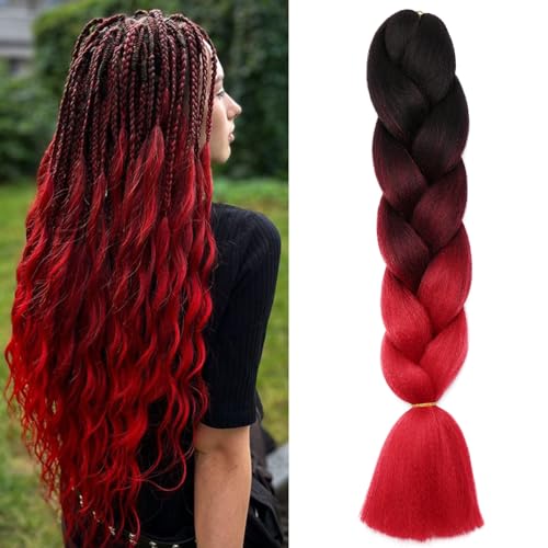 Benehair Braids Extensions Ombre Jumbo Kunsthaar zum Einflechten Box Braids Haarverlängerung Zopf Haare zum Einflechten für Damen Mädchen Schwarz/Rot 60cm von Benehair