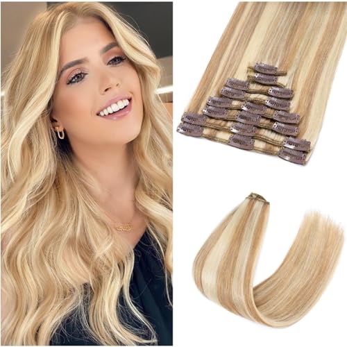 Benehair Clip in Extensions Echthaar, 8 Stück 100% Echthaar 65g, Flachsgelb Gemischt Hellgold Haarverlängerungen Echthaar Clips, Echt Haar Extensions Clip für Frauen, 18 Clips pro Set, 40CM #12P613 von Benehair