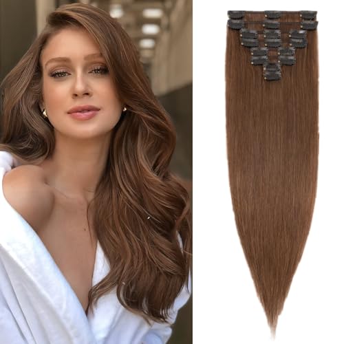 Benehair Clip in Extensions Echthaar, 8 Stück Echthaarverlängerung 45g, Schokoladen Braun Haarverlängerungen Echthaar Clips, Echt Haar Extensions Clip für Frauen, 18 Clips pro Set, 20CM #4 von Benehair