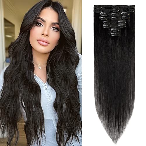 Benehair Clip in Extensions Echthaar, 8 Stück Echthaarverlängerung 55g, Dunkles Schwarz Haarverlängerungen Echthaar Clips, Echt Haar Extensions Clip für Frauen, 18 Clips pro Set, 30CM #1 von Benehair