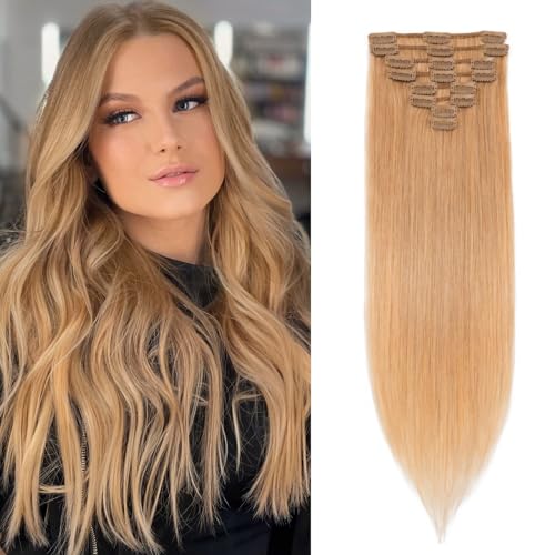 Benehair Clip in Extensions Echthaar, 8 Stück Echthaarverlängerung 65g, Hellbraun Haarverlängerungen Echthaar Clips, Echt Haar Extensions Clip für Frauen, 18 Clips pro Set, 40CM #27 von Benehair