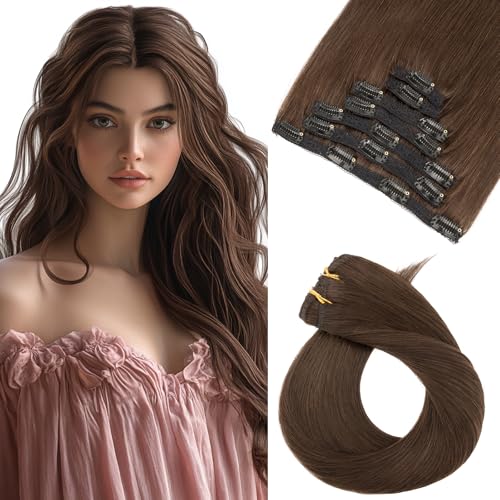 Benehair Clip in Extensions Echthaar, 120g Schwer Clips in Echthaar Extension, 7Pcs 16 Clips Remy Echt Haar Extensions, Lace Base Echt Haar Extension Clip für Frauen, 45CM Dunkelbraun #2R von Benehair