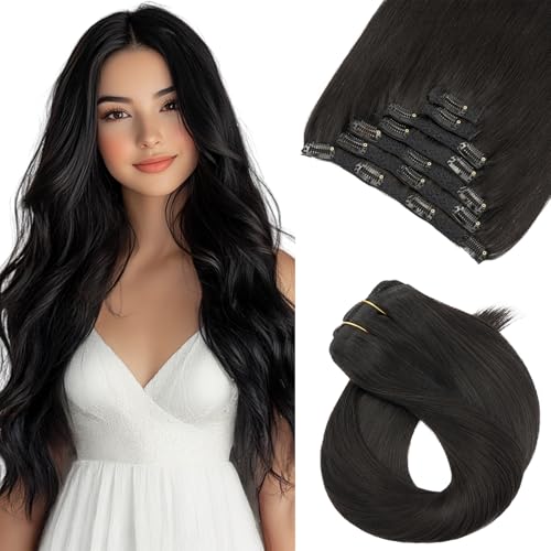 Benehair Clip in Extensions Echthaar, 85g Schwer Clips in Echthaar Extension, 7Pcs 16 Clips Remy Echt Haar Extensions, Lace Base Echt Haar Extension Clip für Frauen, 25CM Naturschwarz #1B von Benehair