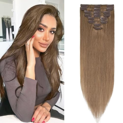 Benehair Clip in Extensions Echthaar, 8 Stück Echthaarverlängerung 60g, Dunkles Leinen Haarverlängerungen Echthaar Clips, Echt Haar Extensions Clip für Frauen, 18 Clips pro Set, 35CM #6 von Benehair