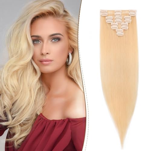 Benehair Clip in Extensions Echthaar, 8 Stück Echthaarverlängerung 50g, Helles Blonde Haarverlängerungen Echthaar Clips, Echt Haar Extensions Clip für Frauen, 18 Clips pro Set, 25CM #613 von Benehair