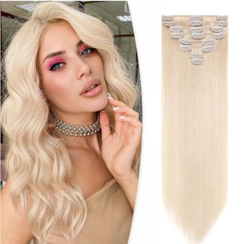 Benehair Clip in Extensions Echthaar, 8 Stück Echthaarverlängerung 60g, Platinblond Haarverlängerungen Echthaar Clips, Echt Haar Extensions Clip für Frauen, 18 Clips pro Set, 35CM #60 von Benehair