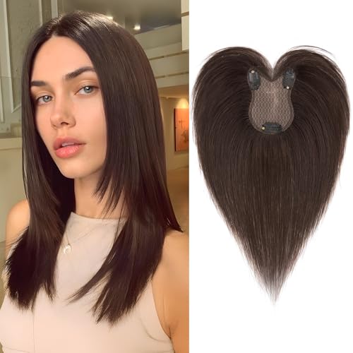 Benehair Echthaar Hair Topper für Frauen, 100% Echtes Haar Clip in Topper, 21g Echthaar Topper Seitlicher Pony, Menschliches Haar Topper Spitze Basis, Mokkabraun für Frauen mit Haarausfall #2R von Benehair