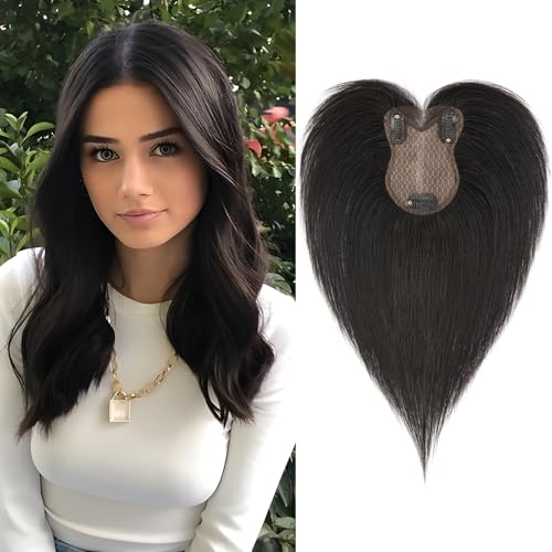 Benehair Echthaar Hair Topper für Frauen, 100% Echtes Haar Clip in Topper, 21g Echthaar Topper Seitlicher Pony, Menschliches Haar Topper Spitze Basis, Natürlich Schwarz für Frauen mit Haarausfall #1B von Benehair