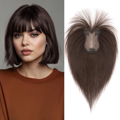 Benehair Echthaar Hair Topper für Frauen, 100% Echtes Haar Clip in Topper, 21g Echthaar Topper mit Bange, Menschliches Haar Topper Spitze Basis, Mokkabraun Toppers für Frauen mit Dünnem #2R von Benehair
