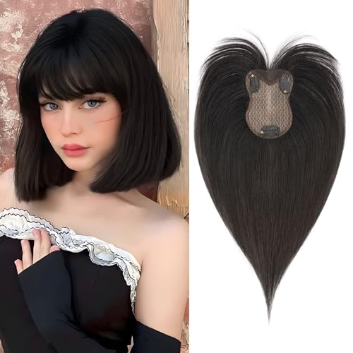 Benehair Echthaar Hair Topper für Frauen, 100% Echtes Haar Clip in Topper, 21g Echthaar Topper mit Bange, Menschliches Haar Topper Spitze Basis, Natürlich Schwarz Toppers für Frauen mit Dünnem #1B von Benehair