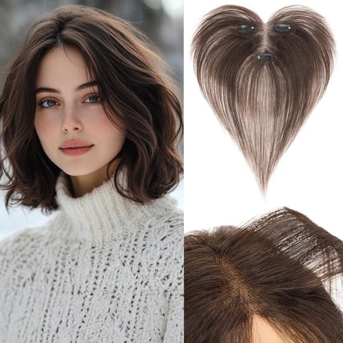Benehair Echthaar Hair Topper für Frauen, 100% Echtes Haar Clip in Topper, 11 Zoll Echthaar Toppers Seitlicher Pony, Menschliches Haar Toppers T Spitze Basis, Mokkabraun für mit Haarausfall #2R von Benehair