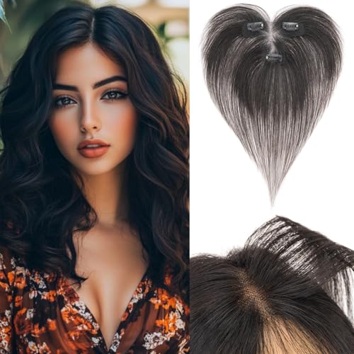 Benehair Echthaar Hair Topper für Frauen, 100% Echtes Haar Clip in Topper, 11 Zoll Echthaar Toppers Seitlicher Pony, Menschliches Haar Toppers T Spitze Basis, Natürlich Schwarz für mit Haarausfall #1B von Benehair