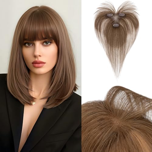 Benehair Echthaar Hair Topper für Frauen, 100% Echtes Haar Clip in Topper, 11 Zoll Echthaar Toppers mit Bange, Menschliches Haar Top Hat T Spitze Basis, Dunkelbraun Toppers für mit Dünnem #4 von Benehair