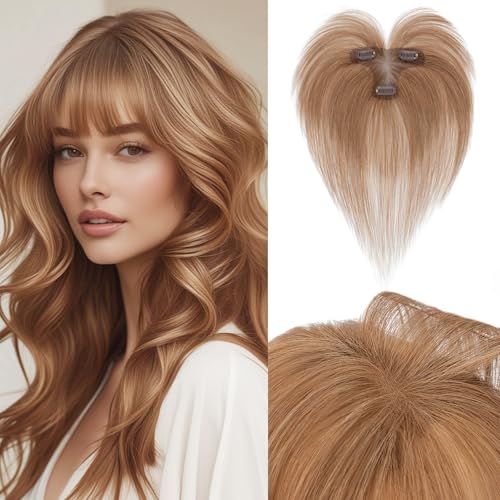 Benehair Echthaar Hair Topper für Frauen, 100% Echtes Haar Clip in Topper, 11 Zoll Echthaar Toppers mit Bange, Menschliches Haar Top Hat T Spitze Basis, Hellbraun Toppers für mit Dünnem #6 von Benehair