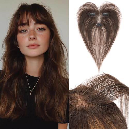 Benehair Echthaar Hair Topper für Frauen, 100% Echtes Haar Clip in Topper, 11 Zoll Echthaar Toppers mit Bange, Menschliches Haar Top Hat T Spitze Basis, Mokkabraun Toppers für mit Dünnem #2R von Benehair