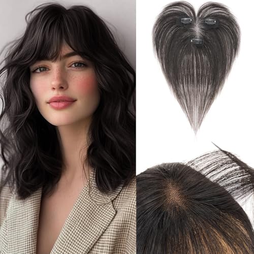Benehair Echthaar Hair Topper für Frauen, 100% Echtes Haar Clip in Topper, 11 Zoll Echthaar Toppers mit Bange, Menschliches Haar Top Hat T Spitze Basis, Natürlich Schwarz Toppers für mit Dünnem #1B von Benehair