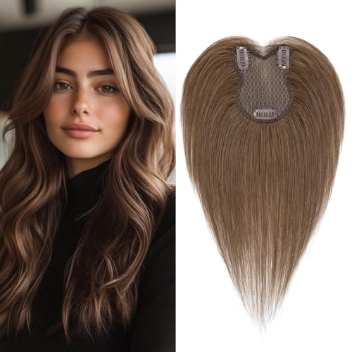 Benehair Echthaar Hair Topper für Frauen, 100% Echtes Haar Clip in Topper, 21g Echthaar Topper Seitlicher Pony, Menschliches Haar Topper Spitze Basis, Dunkelbraun für Frauen mit Haarausfall #4 von Benehair