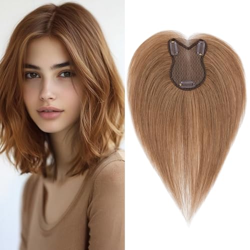 Benehair Echthaar Hair Topper für Frauen, 100% Echtes Haar Clip in Topper, 21g Echthaar Topper Seitlicher Pony, Menschliches Haar Topper Spitze Basis, Hellbraun für Frauen mit Haarausfall #6 von Benehair