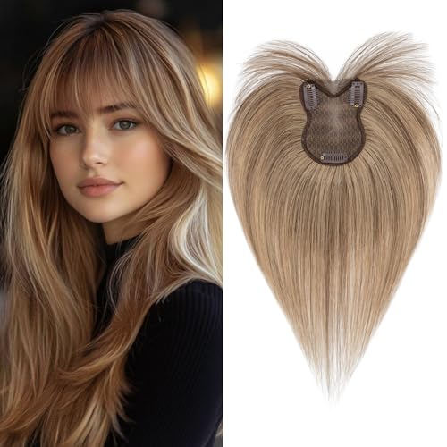 Benehair Echthaar Hair Topper für Frauen, 100% Echtes Haar Clip in Topper, 21g Echthaar Topper mit Bange, Menschliches Haar Topper Spitze Basis, Dunkelbraune mix Dunkelblond Toppers für Dünnem von Benehair