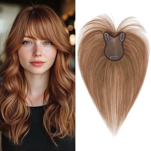 Benehair Echthaar Hair Topper für Frauen, 100% Echtes Haar Clip in Topper, 21g Echthaar Topper mit Bange, Menschliches Haar Topper Spitze Basis, Hellbraun Toppers für Frauen mit Dünnem #6 von Benehair
