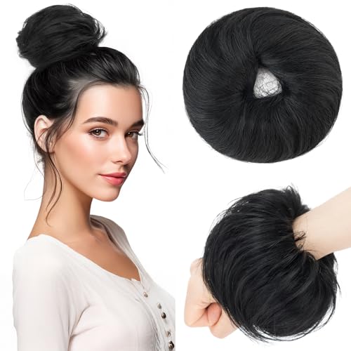 Benehair Echthaar Scrunchies Hochsteckfrisur, Echthaar Haargummi Hochsteckfrisuren, 25g Echte Haare Gerade Dutt, Haarverlängerung Haardutt Rose Dutt für Frauen, Dunkelschwarz #1 von Benehair