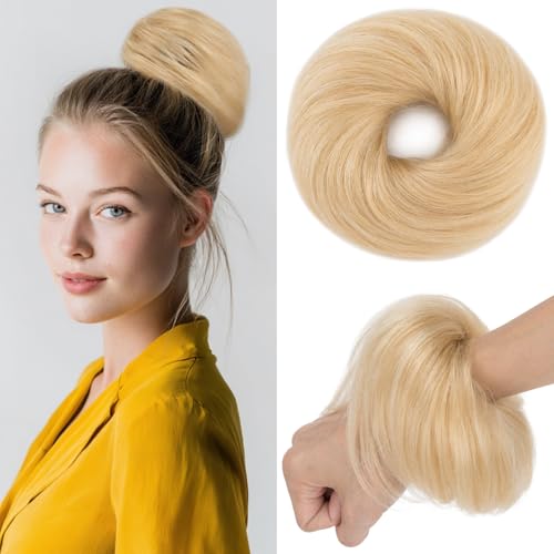 Benehair Echthaar Scrunchies Hochsteckfrisur, Echthaar Haargummi Hochsteckfrisuren, 25g Echte Haare Gerade Dutt, Haarverlängerung Haardutt Rose Dutt für Frauen, Hellblond #613R von Benehair