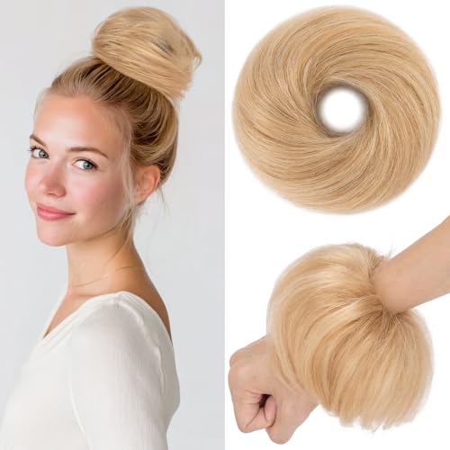 Benehair Echthaar Scrunchies Hochsteckfrisur, Echthaar Haargummi Hochsteckfrisuren, 25g Echte Haare Gerade Dutt, Haarverlängerung Haardutt Rose Dutt für Frauen, Kamel Gemischt Hell Blondes #18RP613R von Benehair