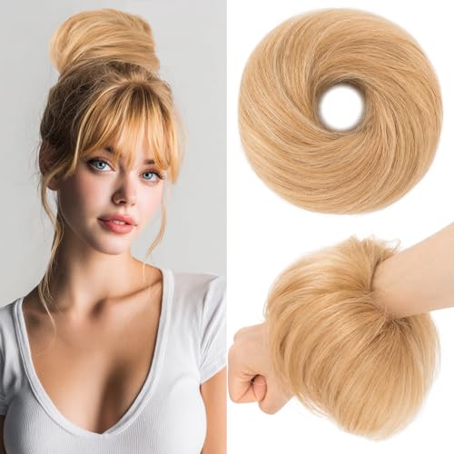 Benehair Echthaar Scrunchies Hochsteckfrisur, Echthaar Haargummi Hochsteckfrisuren, 25g Echte Haare Gerade Dutt, Haarverlängerung Haardutt Rose Dutt für Frauen, Flachsgelb Gemischt Hellgold #12RP613R von Benehair