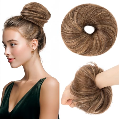 Benehair Echthaar Scrunchies Hochsteckfrisur, Echthaar Haargummi Hochsteckfrisuren, 25g Echte Haare Gerade Dutt, Haarverlängerung Haardutt Rose Dutt für Frauen, Schokoladenbraun mix Hellbraun #4P27 von Benehair
